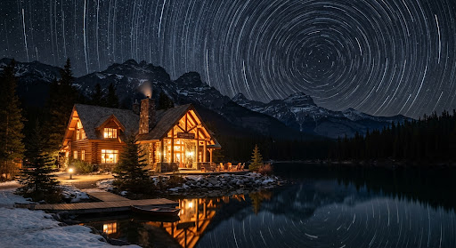 Lodge at night with star trail